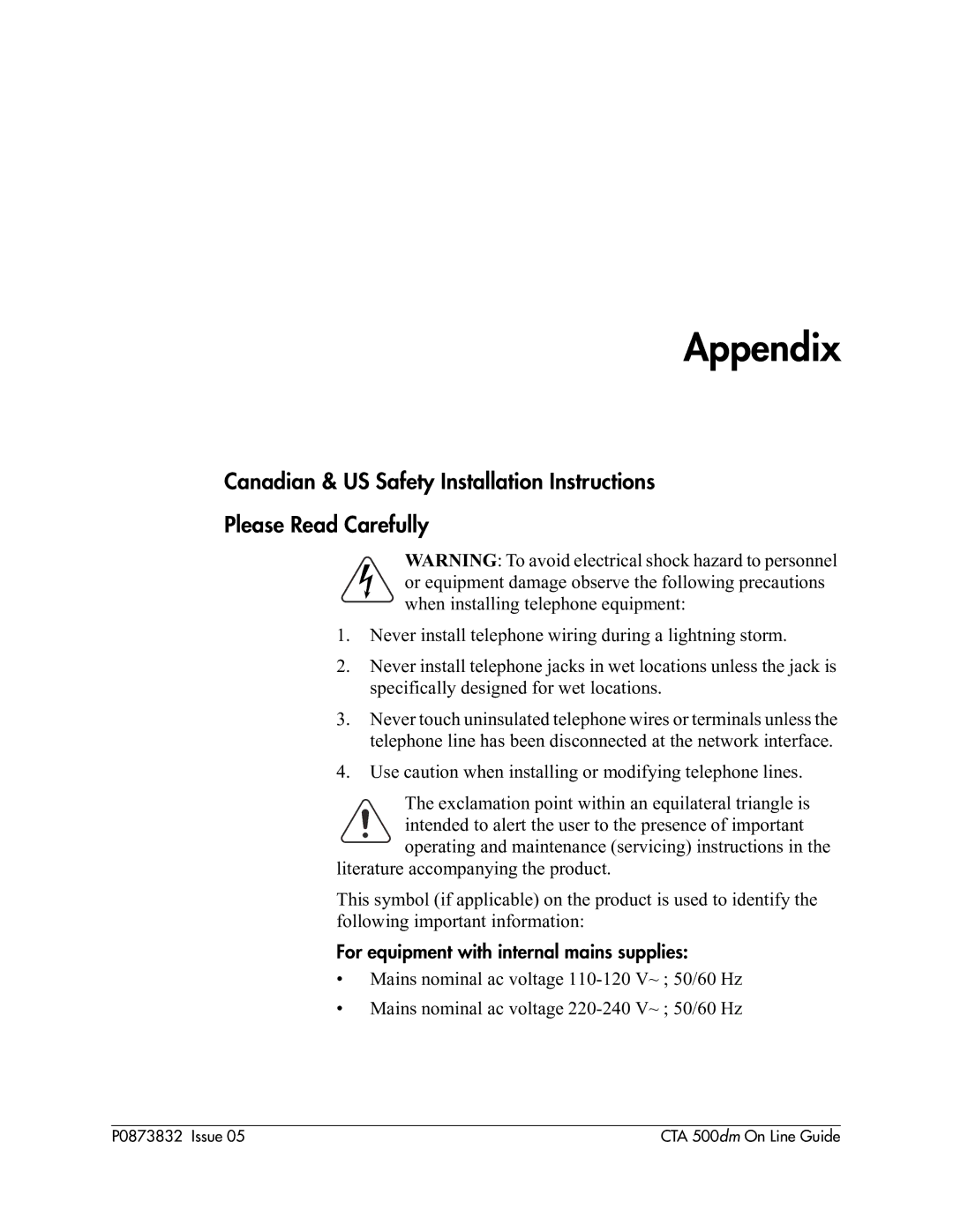 Nortel Networks CTA 500dm manual Appendix, For equipment with internal mains supplies 