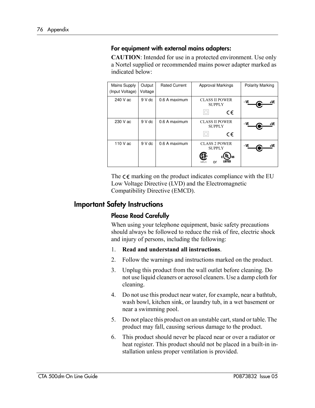 Nortel Networks CTA 500dm Important Safety Instructions, For equipment with external mains adapters, Please Read Carefully 