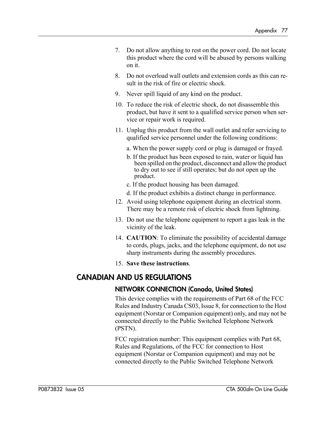 Nortel Networks CTA 500dm manual Canadian and US Regulations, Network Connection Canada, United States 