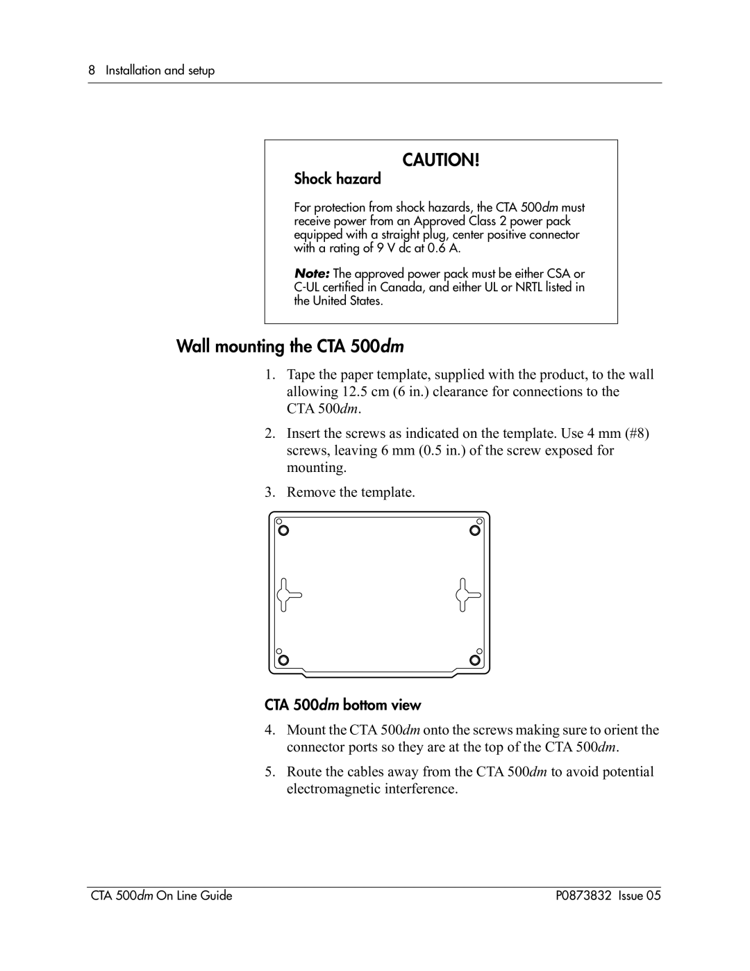 Nortel Networks manual Wall mounting the CTA 500dm, Shock hazard, CTA 500dm bottom view 