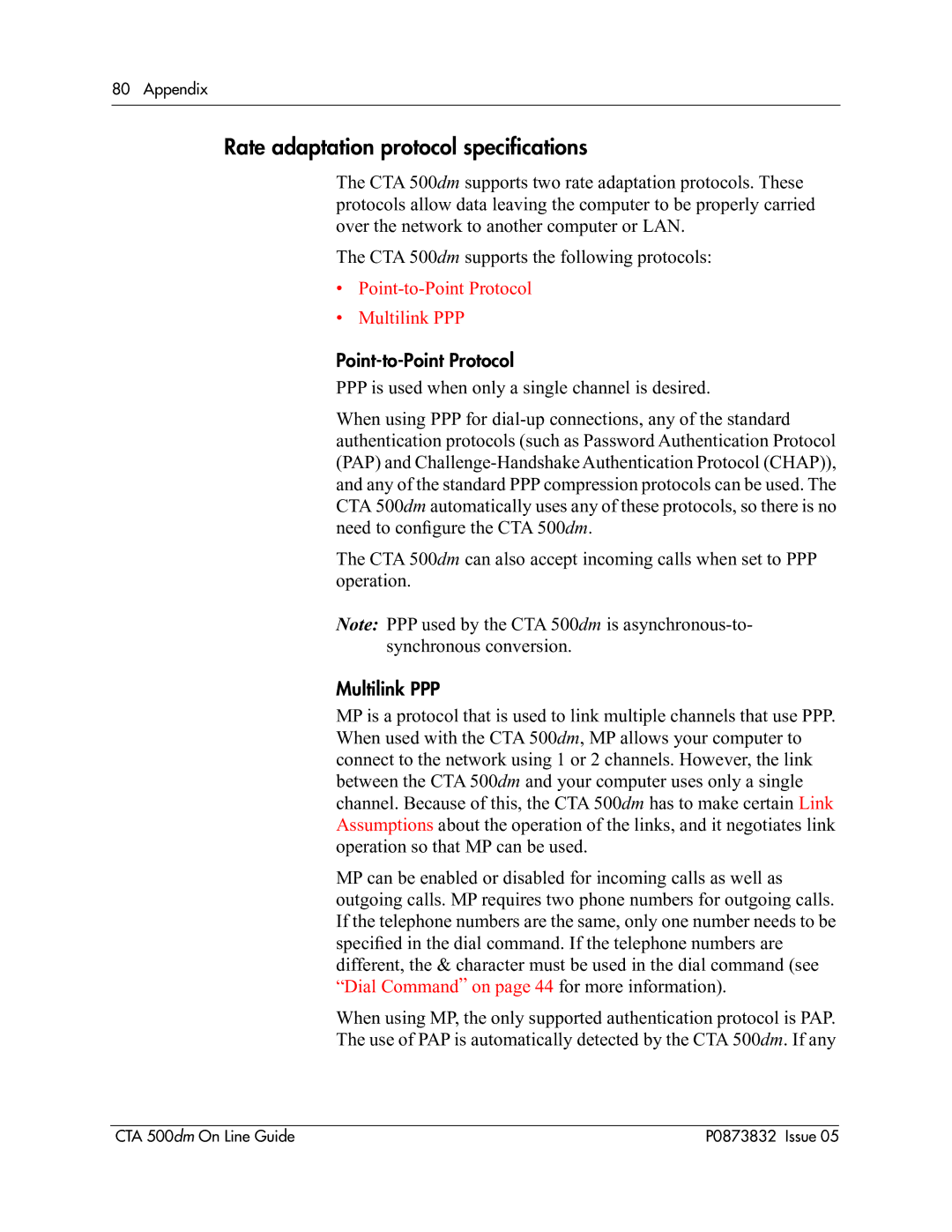 Nortel Networks CTA 500dm manual Rate adaptation protocol speciﬁcations, Point-to-Point Protocol, Multilink PPP 