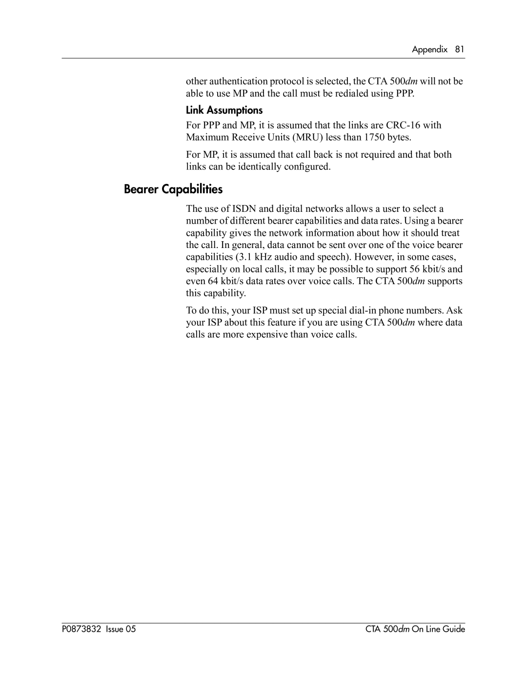 Nortel Networks CTA 500dm manual Bearer Capabilities, Link Assumptions 