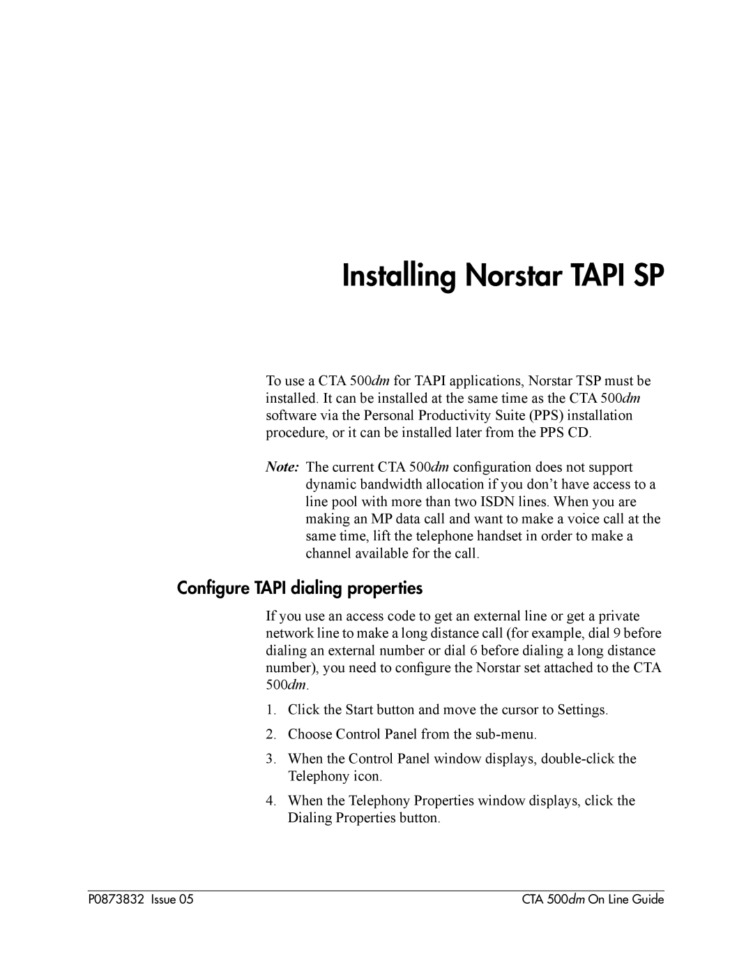 Nortel Networks CTA 500dm manual Installing Norstar TAPI SP, Conﬁgure TAPI dialing properties 