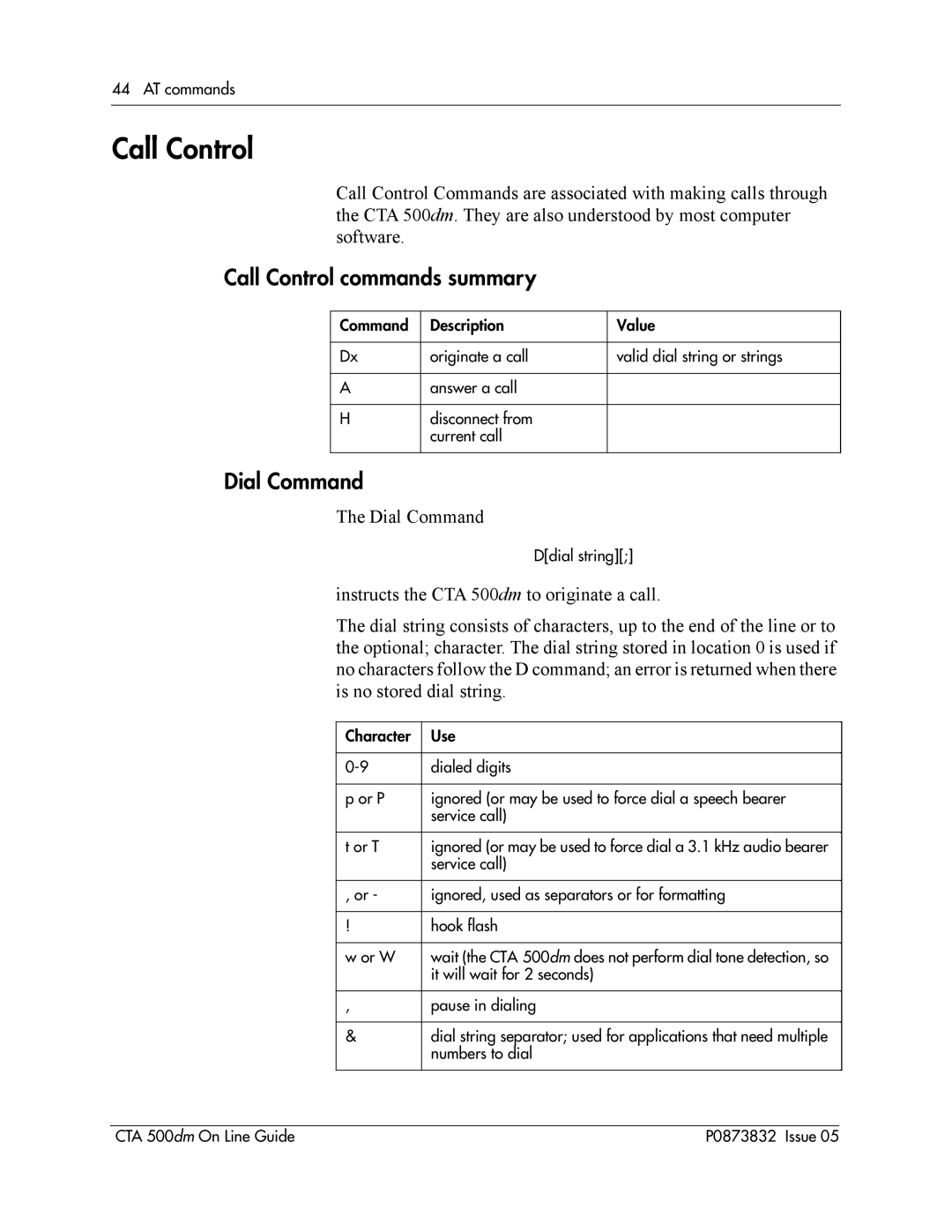 Nortel Networks CTA 500dm manual Call Control commands summary, Dial Command 