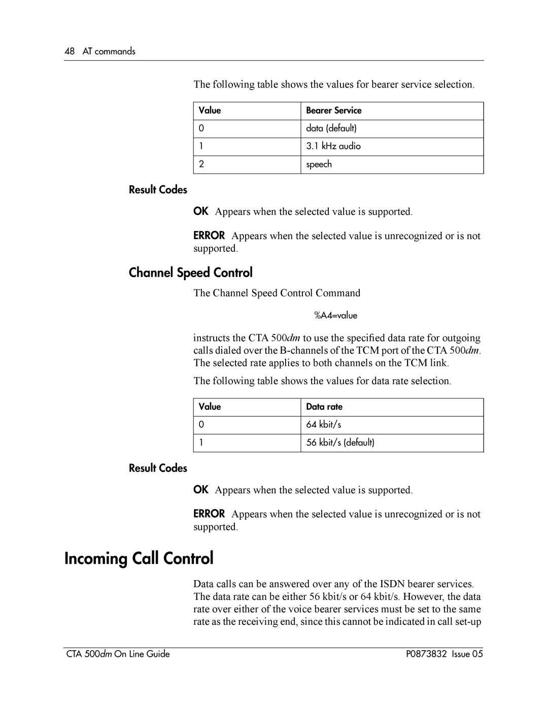 Nortel Networks CTA 500dm manual Incoming Call Control, Channel Speed Control 