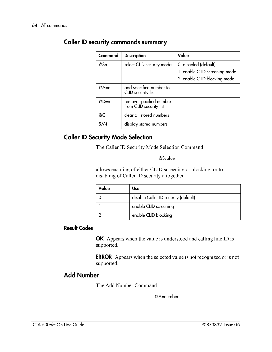 Nortel Networks CTA 500dm manual Caller ID security commands summary, Caller ID Security Mode Selection, Add Number 