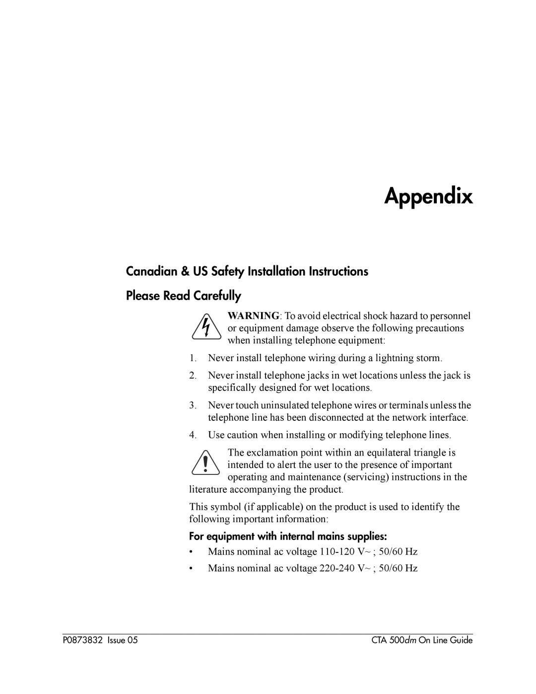 Nortel Networks CTA 500dm manual Appendix, Canadian & US Safety Installation Instructions Please Read Carefully 