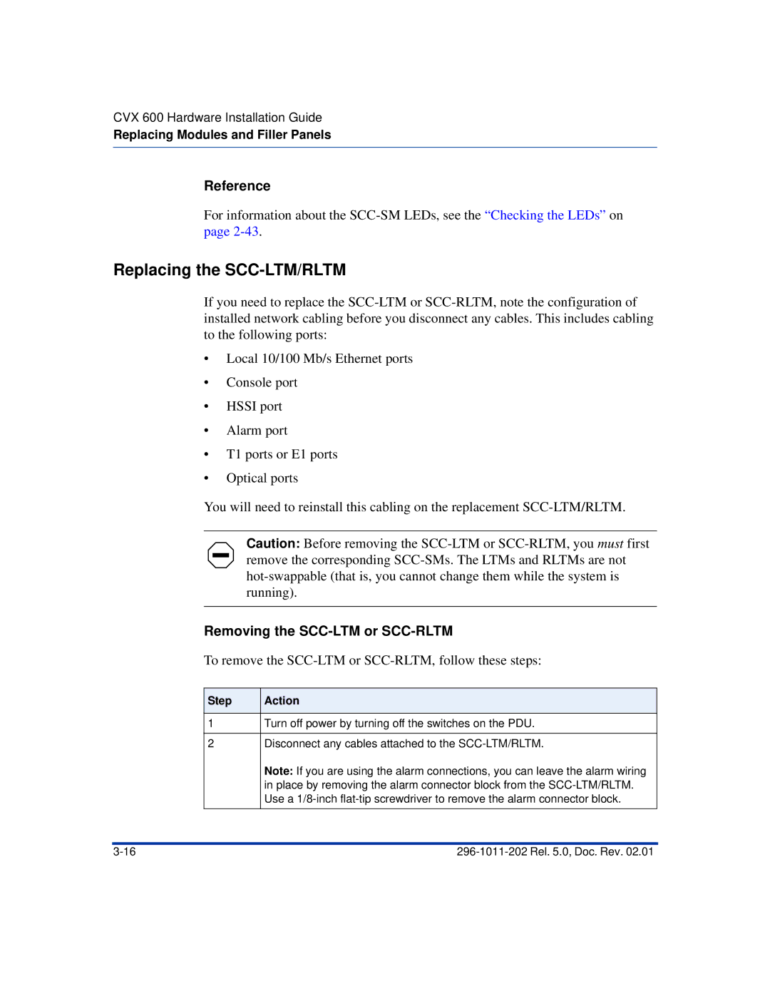 Nortel Networks CVX 600 manual Replacing the SCC-LTM/RLTM, Removing the SCC-LTM or SCC-RLTM 