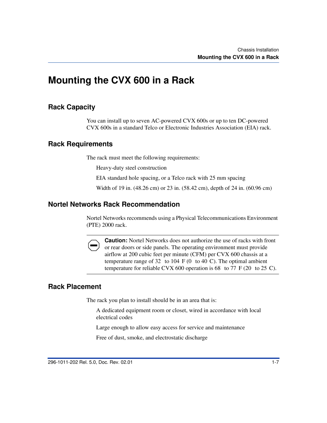 Nortel Networks Mounting the CVX 600 in a Rack, Rack Capacity, Rack Requirements, Nortel Networks Rack Recommendation 