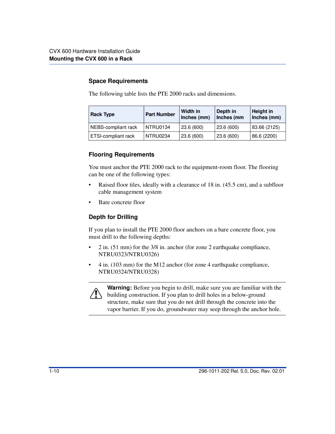 Nortel Networks CVX 600 Space Requirements, Following table lists the PTE 2000 racks and dimensions, Flooring Requirements 