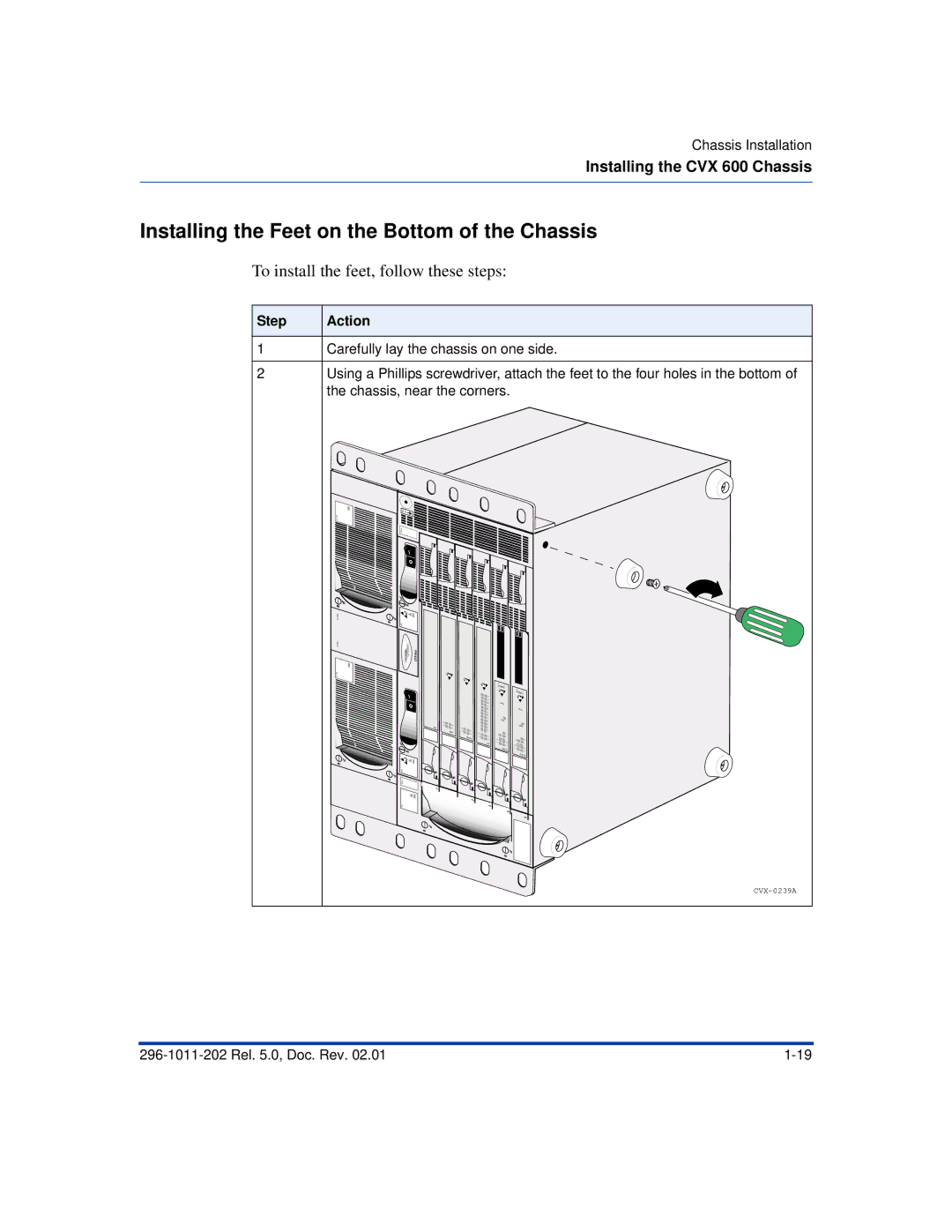 Nortel Networks CVX 600 manual Installing the Feet on the Bottom of the Chassis, To install the feet, follow these steps 