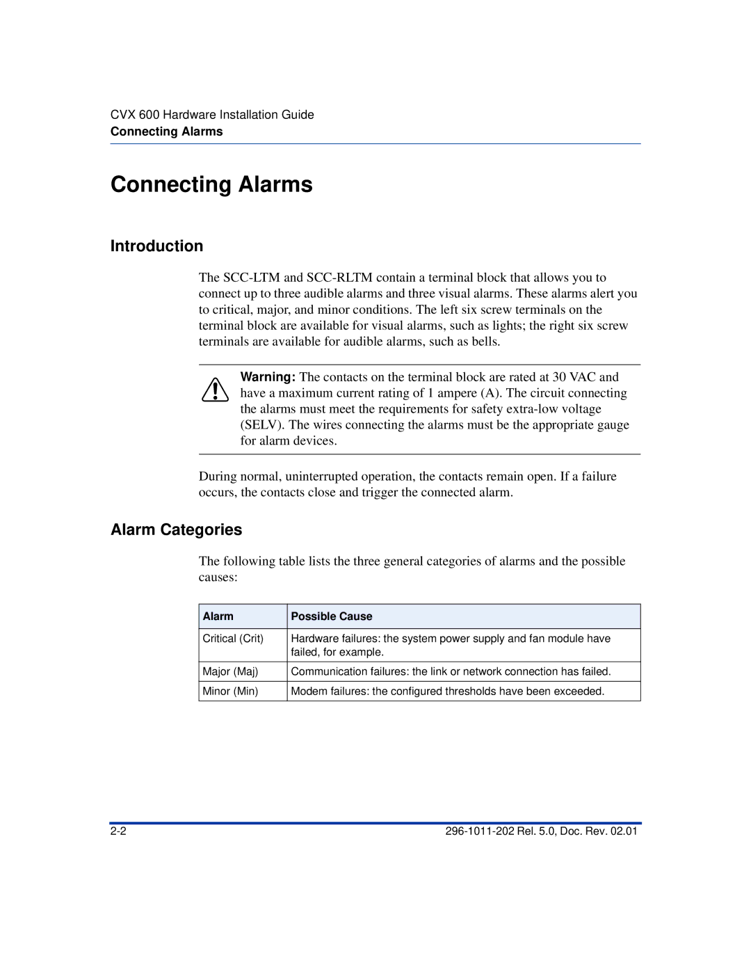 Nortel Networks CVX 600 manual Connecting Alarms, Alarm Categories, Alarm Possible Cause 