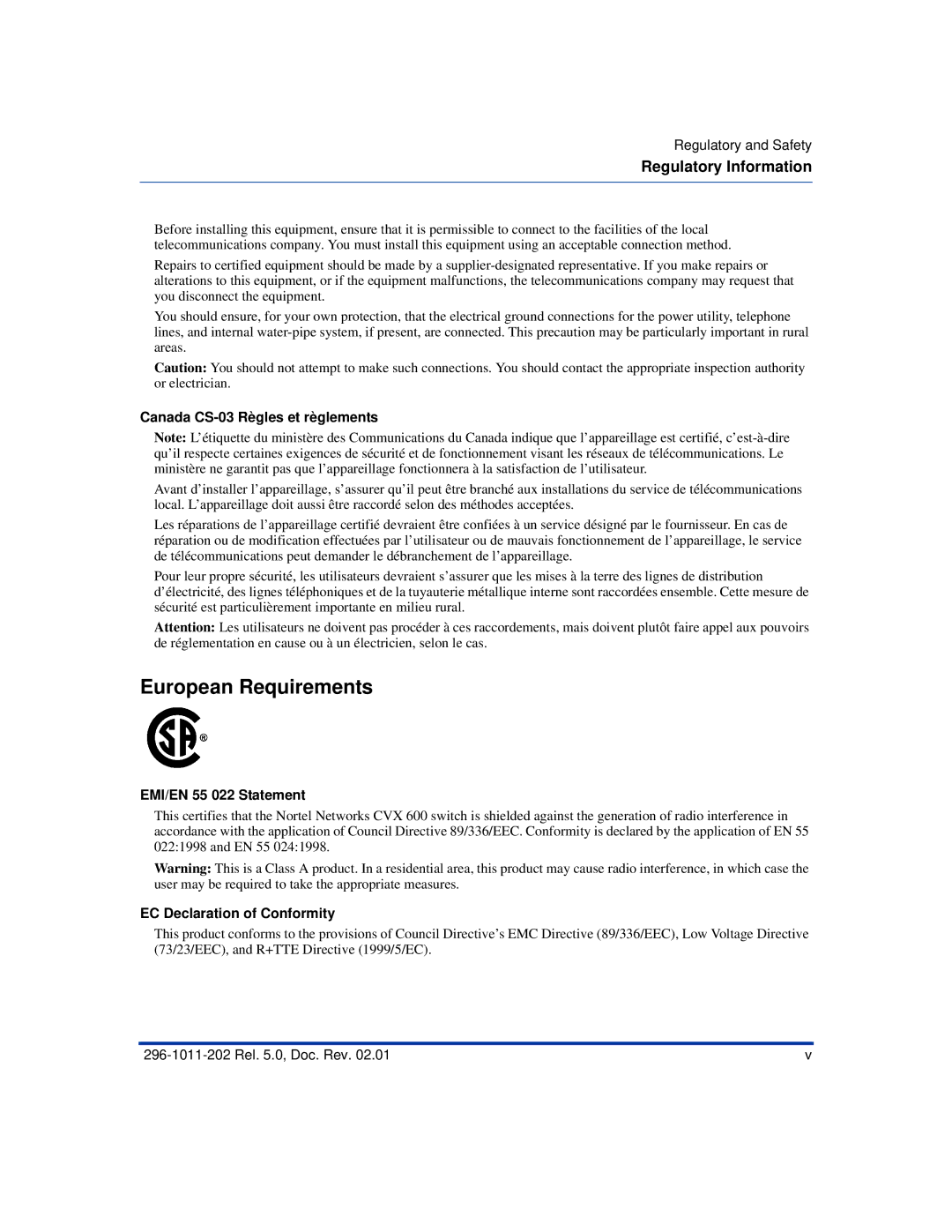 Nortel Networks CVX 600 manual European Requirements, Canada CS-03 Rè gles et rè glements, EMI/EN 55 022 Statement 