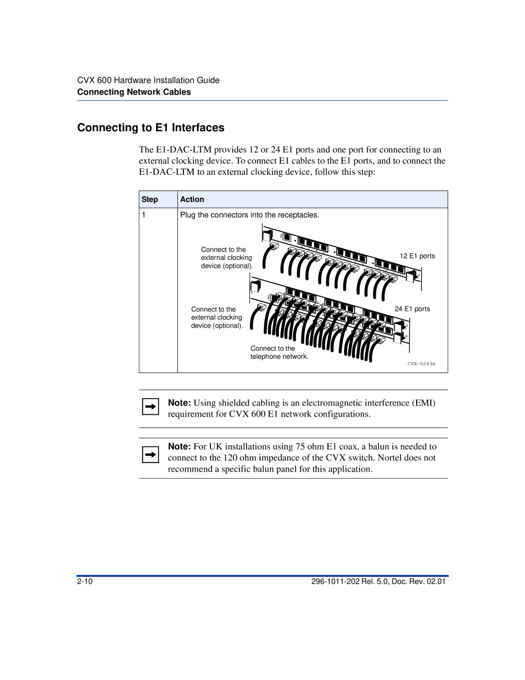 Nortel Networks CVX 600 manual Connecting to E1 Interfaces 