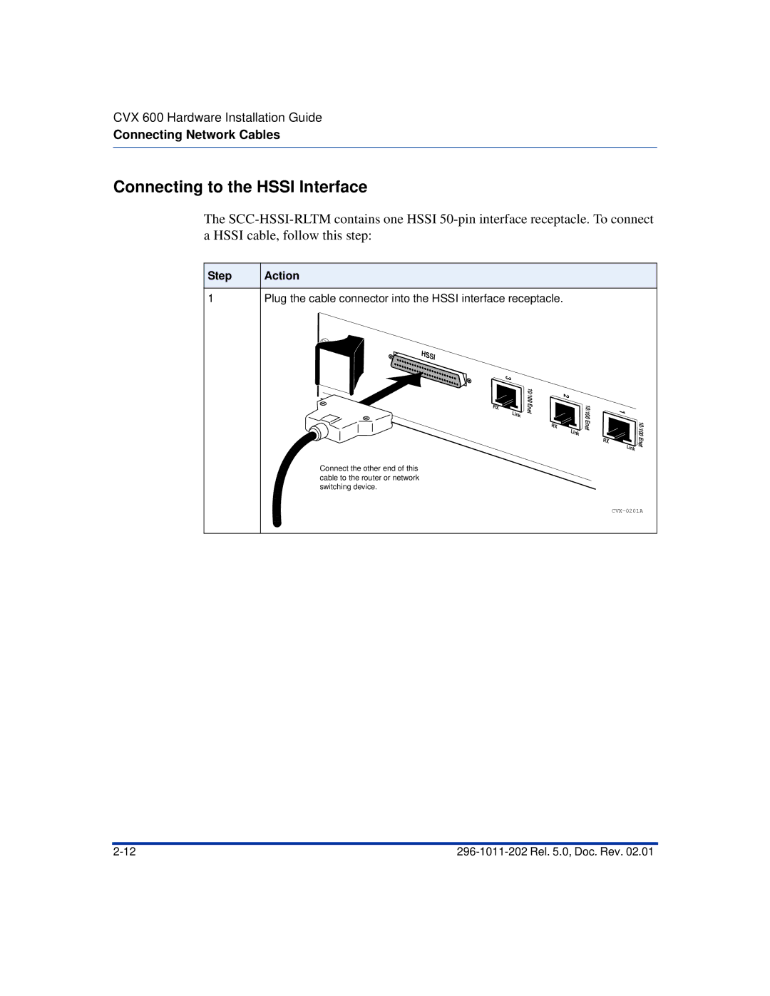 Nortel Networks CVX 600 Connecting to the Hssi Interface, Plug the cable connector into the Hssi interface receptacle 