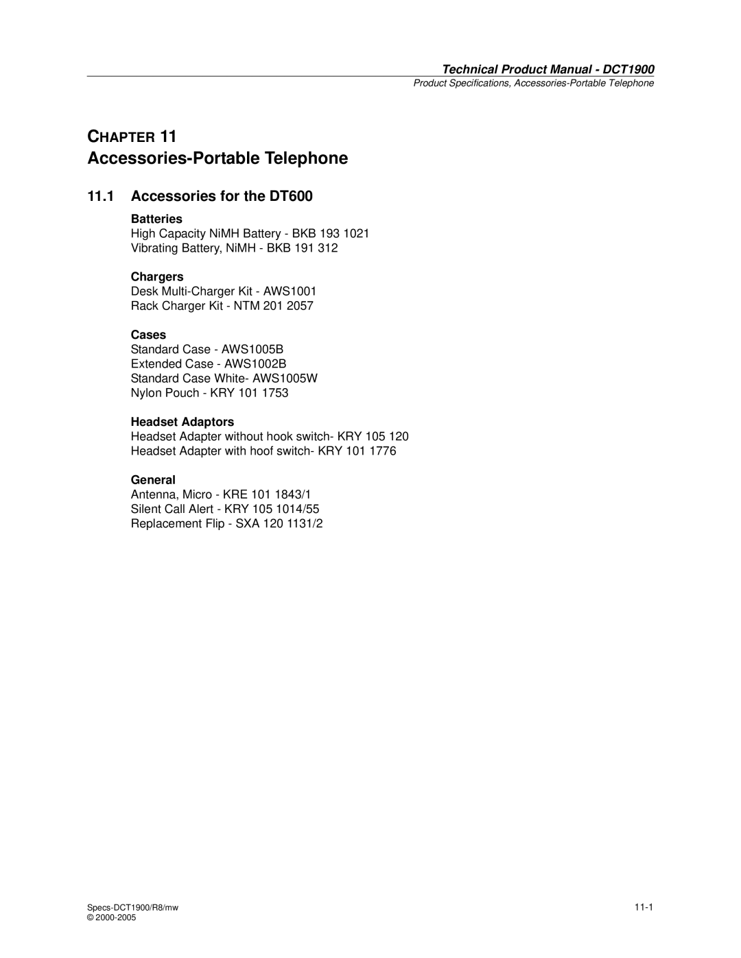 Nortel Networks DCT1900 manual Accessories-Portable Telephone, Accessories for the DT600 