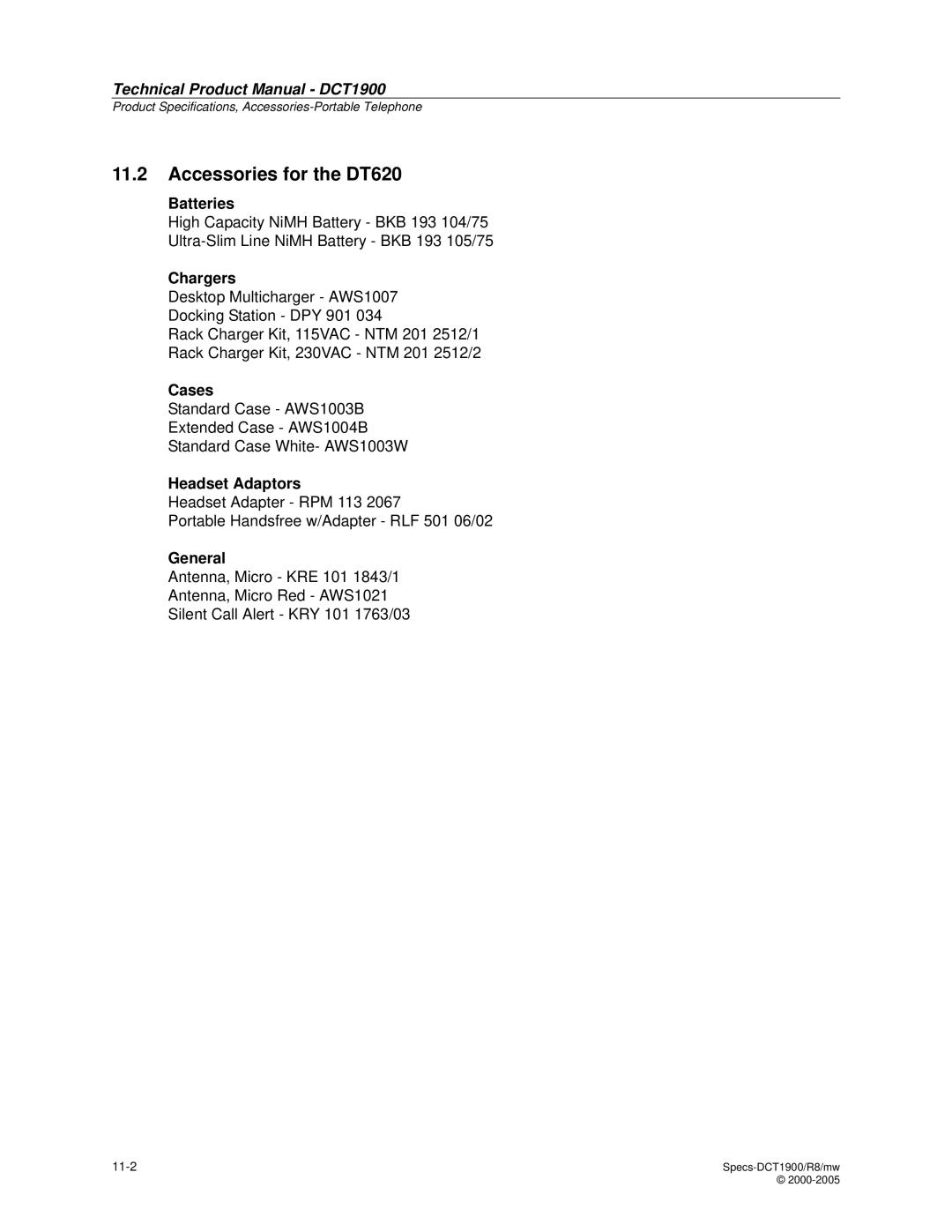 Nortel Networks DCT1900 manual Accessories for the DT620 