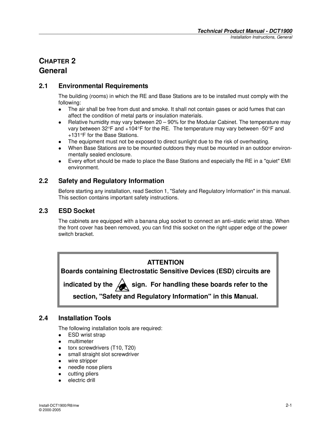 Nortel Networks DCT1900 manual General, Environmental Requirements, Safety and Regulatory Information, ESD Socket 