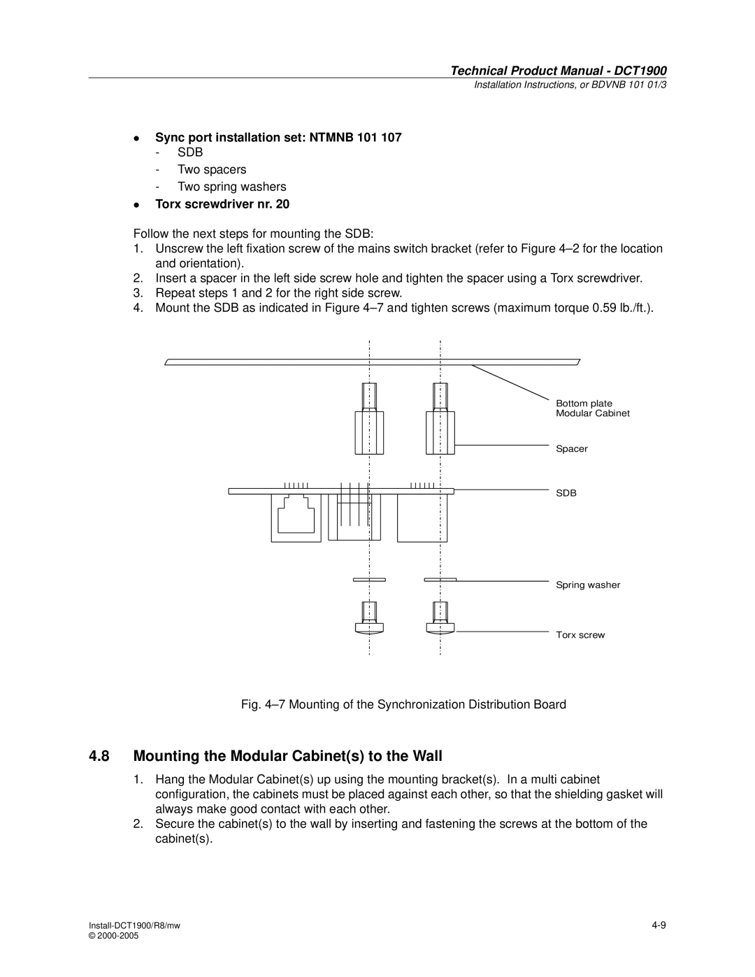 Nortel Networks DCT1900 manual Mounting the Modular Cabinets to the Wall, Sync port installation set Ntmnb 101 