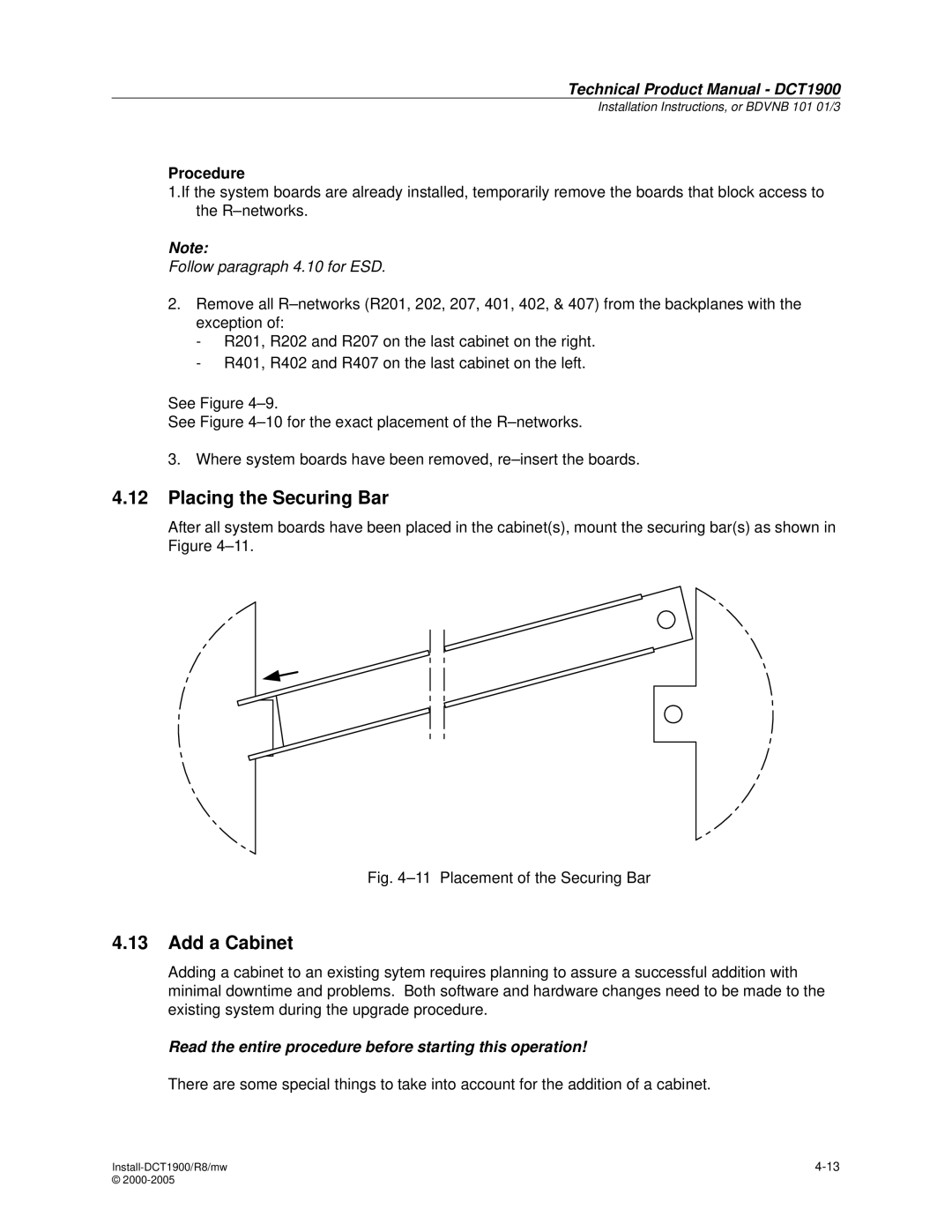 Nortel Networks DCT1900 manual Placing the Securing Bar, Add a Cabinet, Procedure 