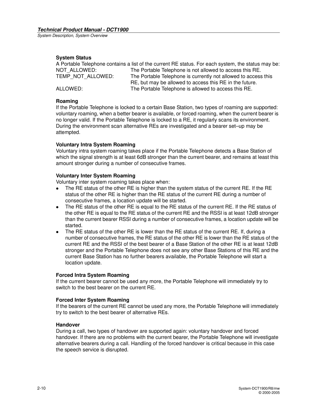 Nortel Networks DCT1900 manual System Status, Voluntary Intra System Roaming, Voluntary Inter System Roaming, Handover 