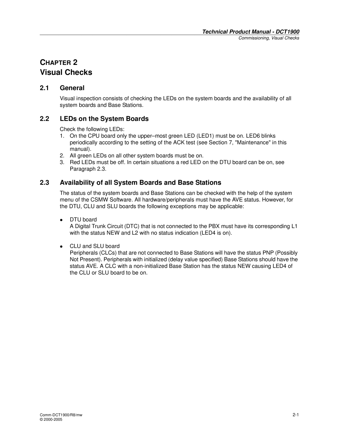 Nortel Networks DCT1900 Visual Checks, LEDs on the System Boards, Availability of all System Boards and Base Stations 