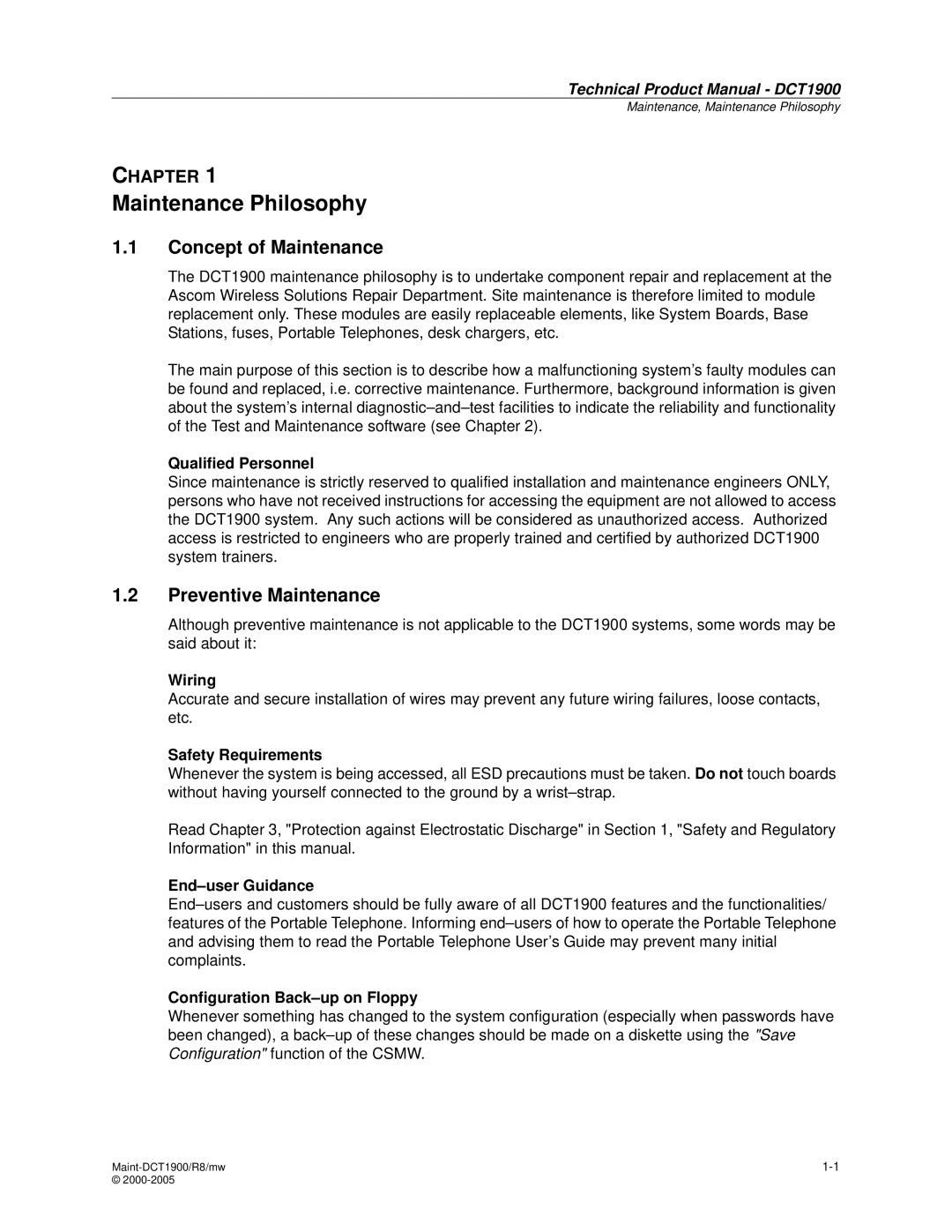 Nortel Networks DCT1900 manual Maintenance Philosophy, Concept of Maintenance, Preventive Maintenance 