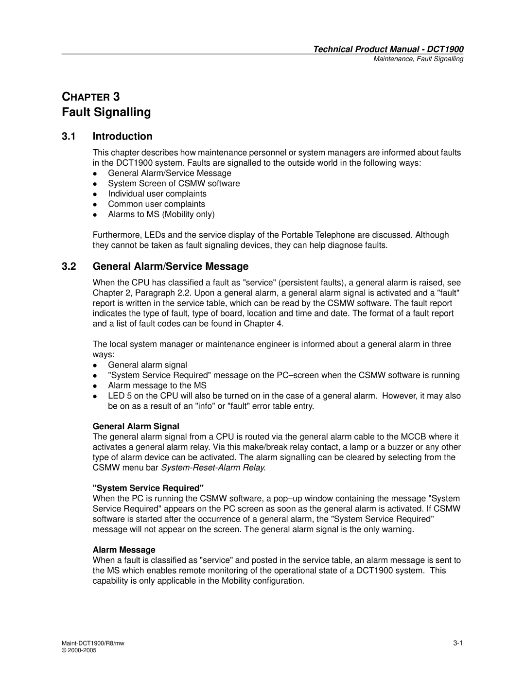 Nortel Networks DCT1900 Fault Signalling, General Alarm/Service Message, General Alarm Signal, System Service Required 