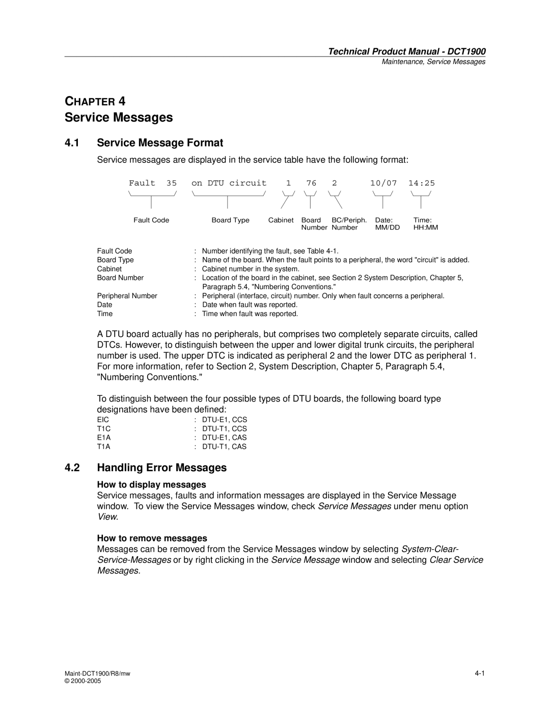 Nortel Networks DCT1900 manual Service Messages, Service Message Format, Handling Error Messages, How to display messages 