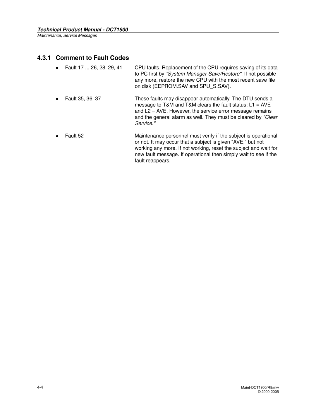 Nortel Networks DCT1900 manual Comment to Fault Codes, Service 