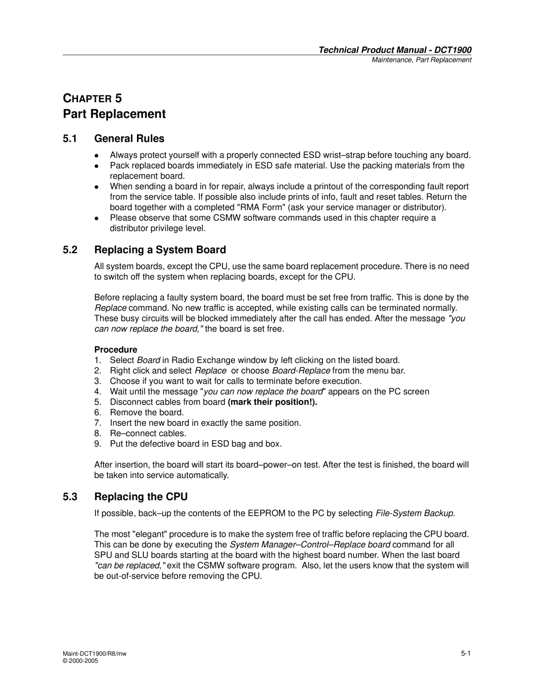 Nortel Networks DCT1900 manual Part Replacement, General Rules, Replacing a System Board, Replacing the CPU 