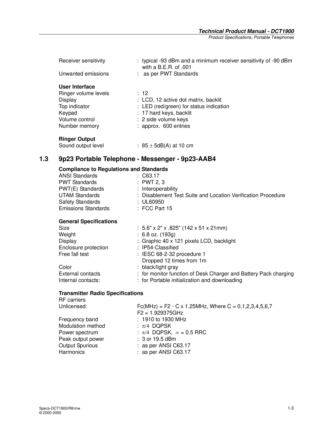 Nortel Networks DCT1900 manual 9p23 Portable Telephone Messenger 9p23-AAB4 