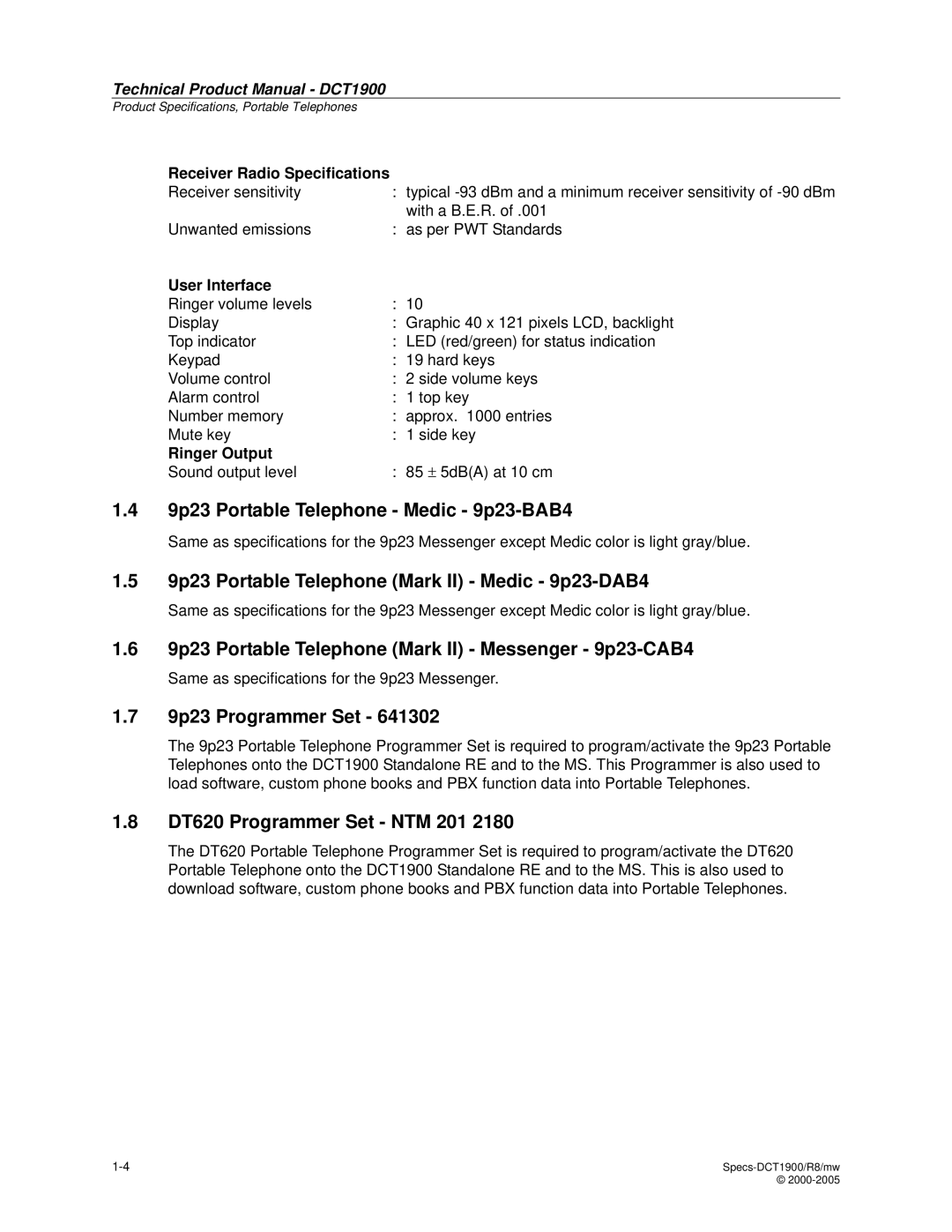 Nortel Networks DCT1900 manual 9p23 Portable Telephone Medic 9p23-BAB4, 9p23 Portable Telephone Mark II Medic 9p23-DAB4 