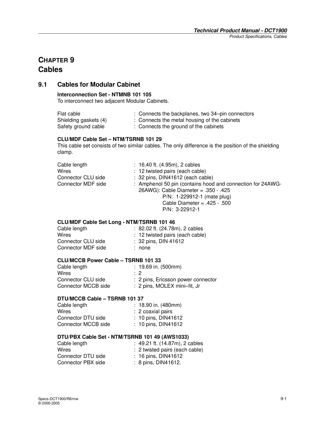 Nortel Networks DCT1900 manual Cables for Modular Cabinet 