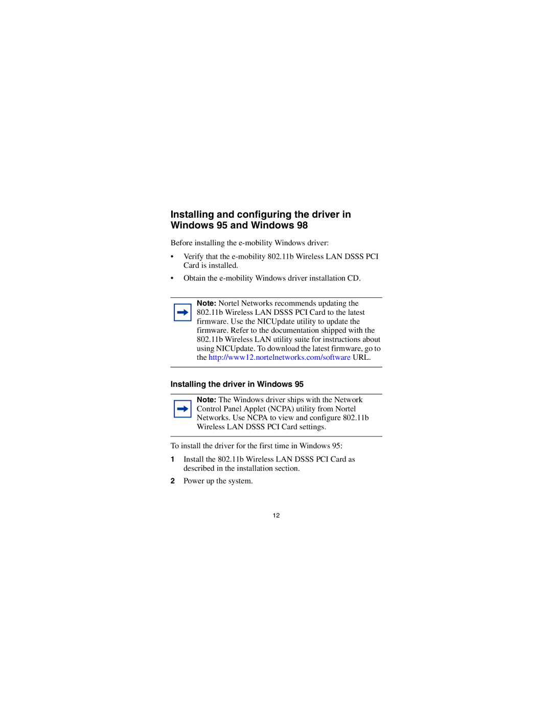 Nortel Networks e-mobility 802.11b Wireless LAN DSSS PCI Card manual Installing the driver in Windows 