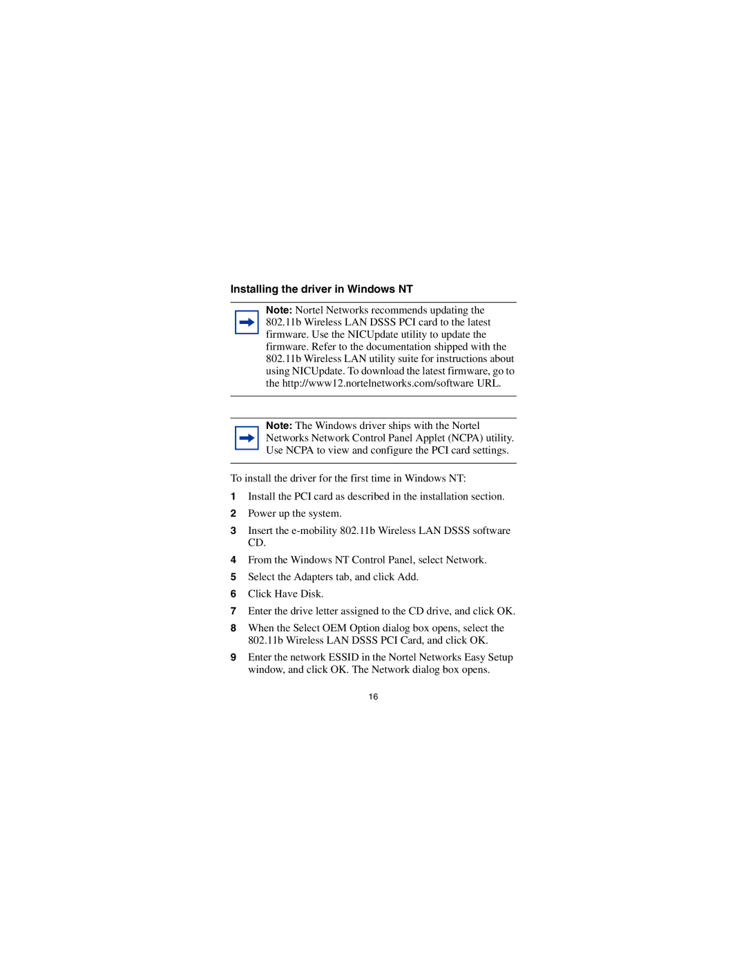 Nortel Networks e-mobility 802.11b Wireless LAN DSSS PCI Card manual Installing the driver in Windows NT 