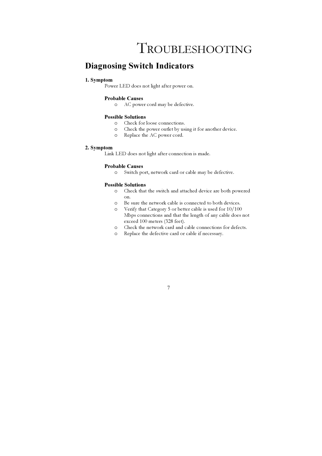 Nortel Networks ELO ES24 manual Troubleshooting, Diagnosing Switch Indicators, Symptom, Probable Causes, Possible Solutions 