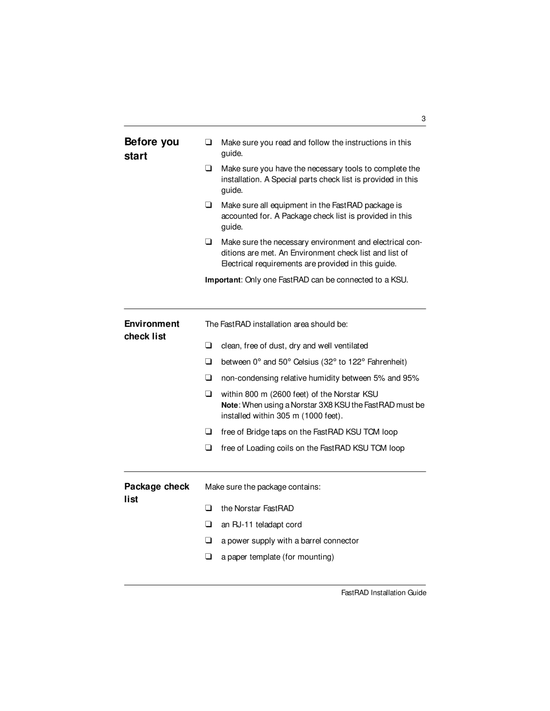 Nortel Networks FastRad manual Package check list, Environment check list 