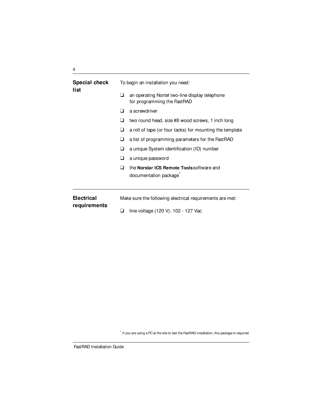 Nortel Networks FastRad manual Special check list, Electrical, Requirements, Line voltage 120 V 102 127 Vac 