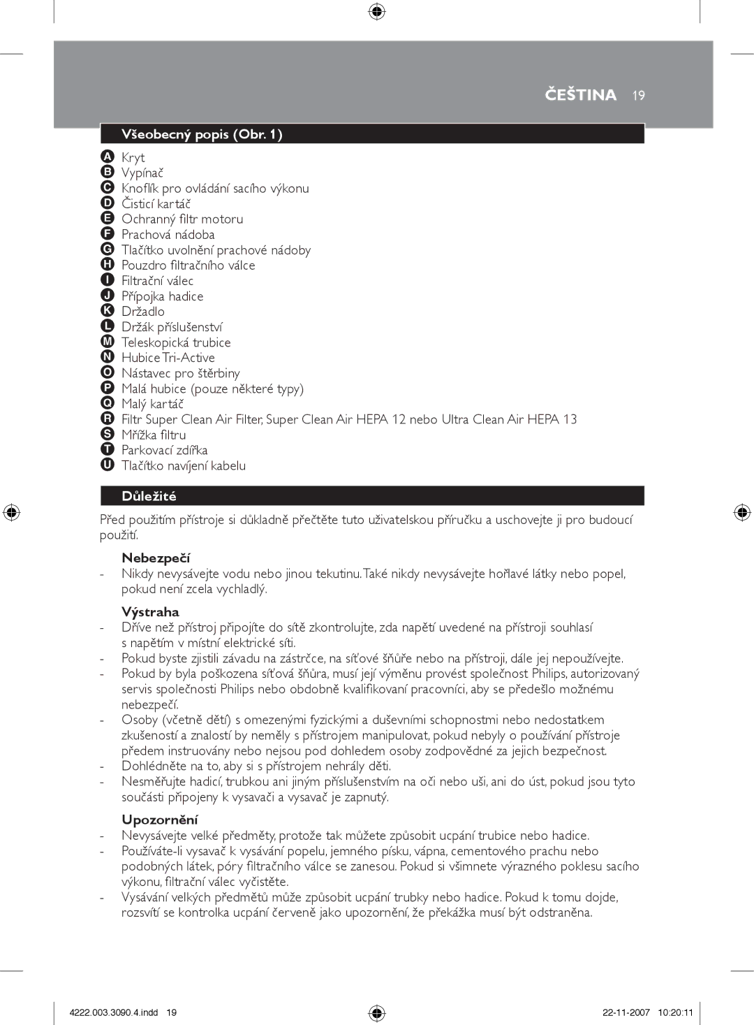 Nortel Networks FC9219 - FC9200 manual Čeština, Všeobecný popis Obr, Důležité 