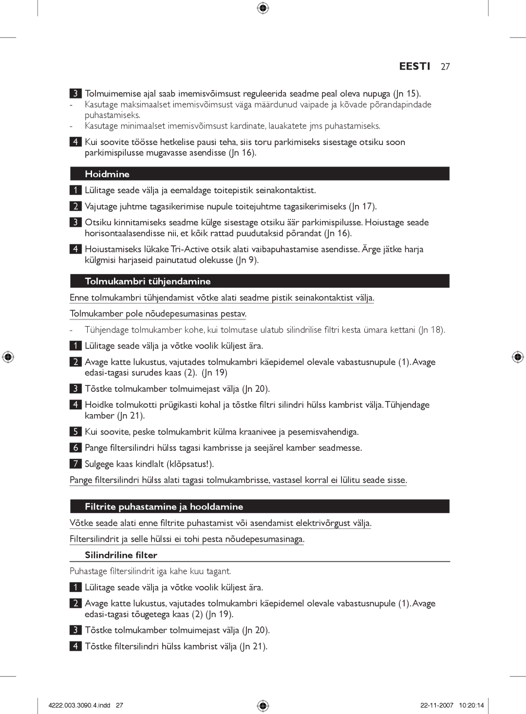 Nortel Networks FC9219 - FC9200 manual Hoidmine, Tolmukambri tühjendamine, Filtrite puhastamine ja hooldamine 