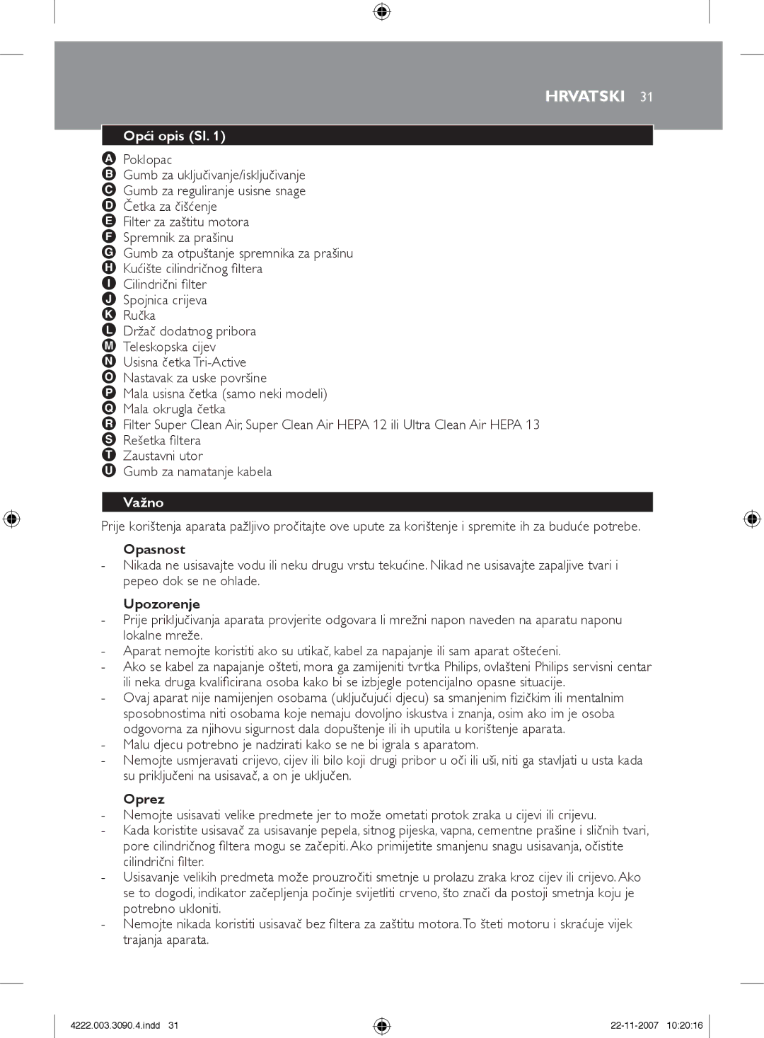 Nortel Networks FC9219 - FC9200 manual Hrvatski, Opći opis Sl, Važno 