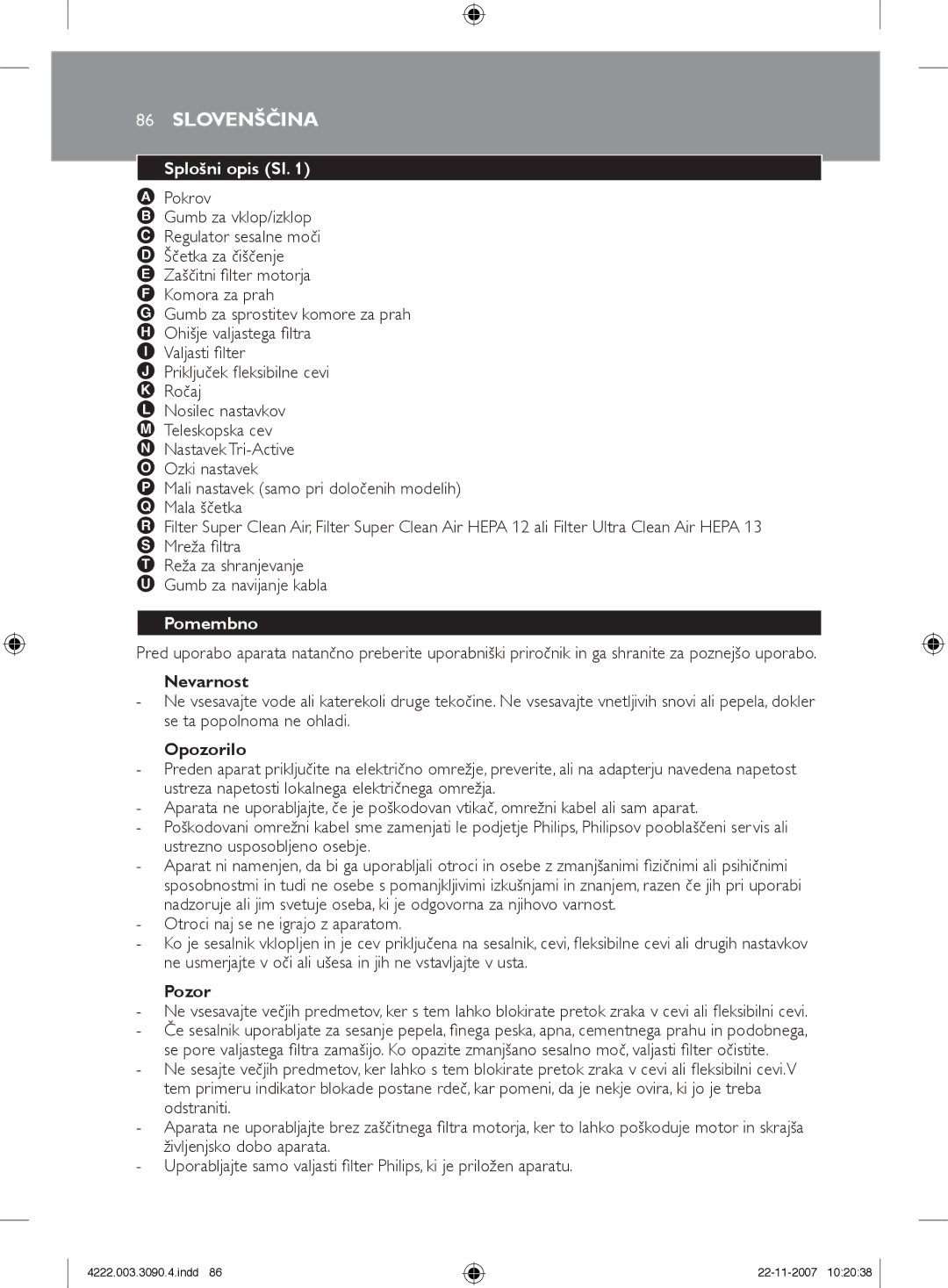 Nortel Networks FC9219 - FC9200 manual Slovenščina, Splošni opis Sl, Pomembno 