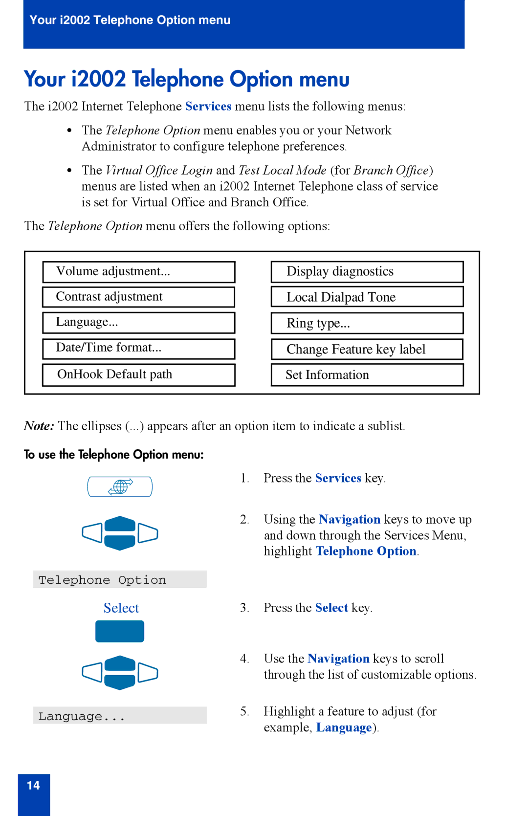 Nortel Networks manual Your i2002 Telephone Option menu, Change Feature key label 