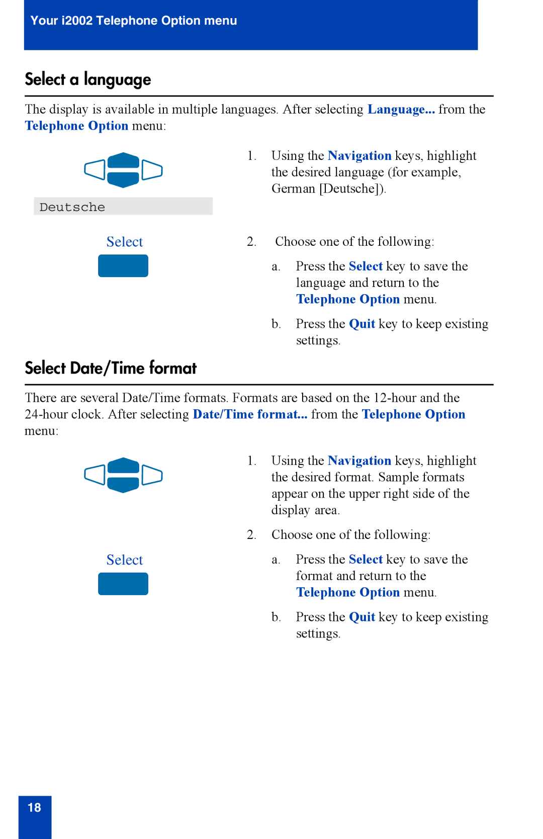 Nortel Networks i2002 manual Select a language, Select Date/Time format, Telephone Option menu 