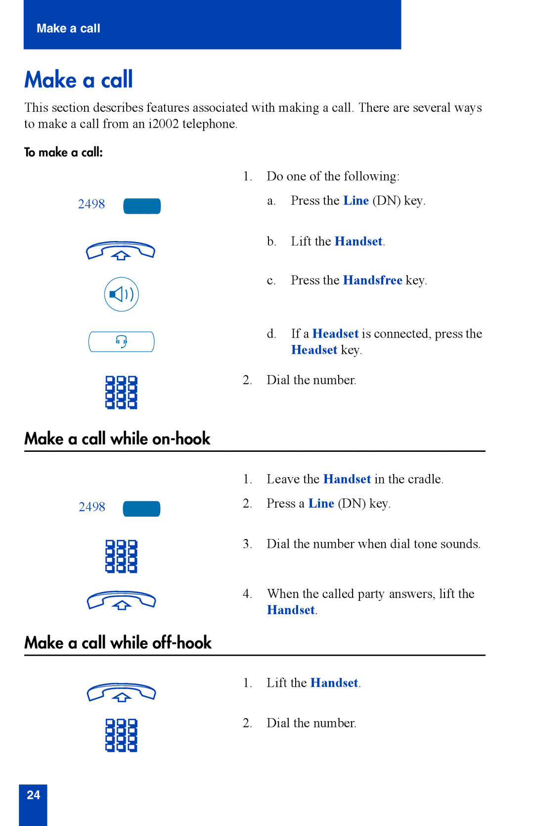 Nortel Networks i2002 manual Make a call while on-hook, Make a call while off-hook, 2498 