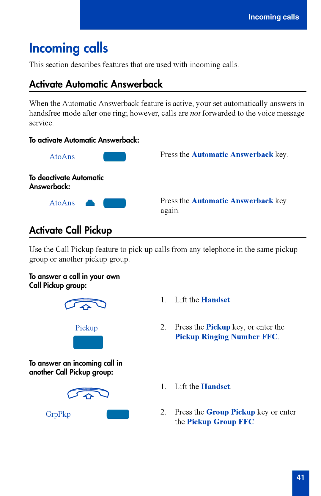 Nortel Networks i2002 manual Incoming calls, Activate Automatic Answerback, Activate Call Pickup 