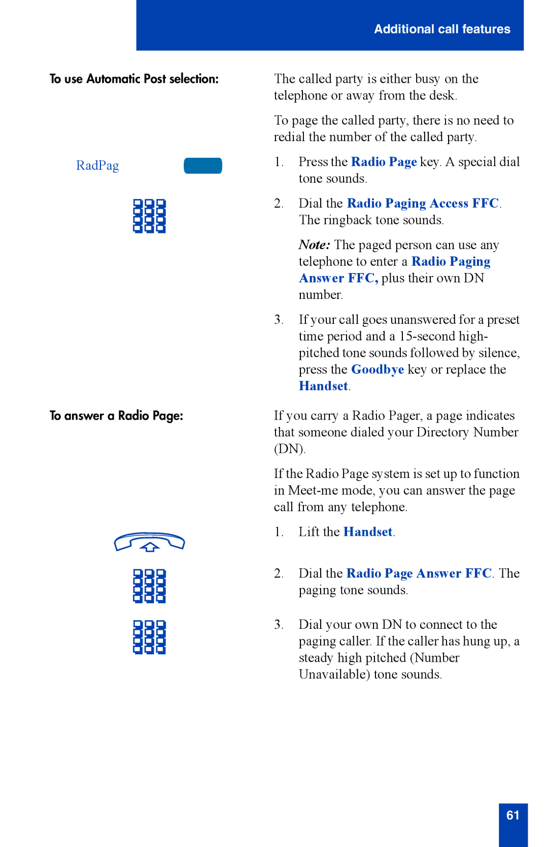 Nortel Networks i2002 manual RadPag, Dial the Radio Paging Access FFC. The ringback tone sounds 