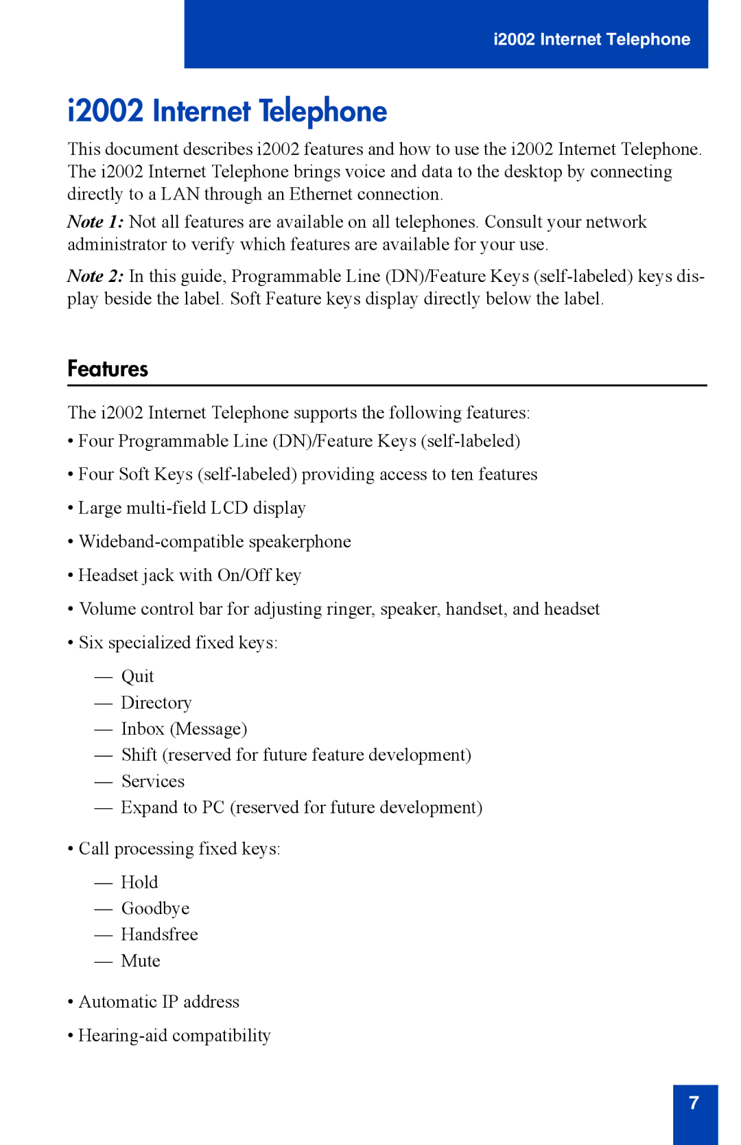 Nortel Networks i2002 manual I2002 Internet Telephone, Features 