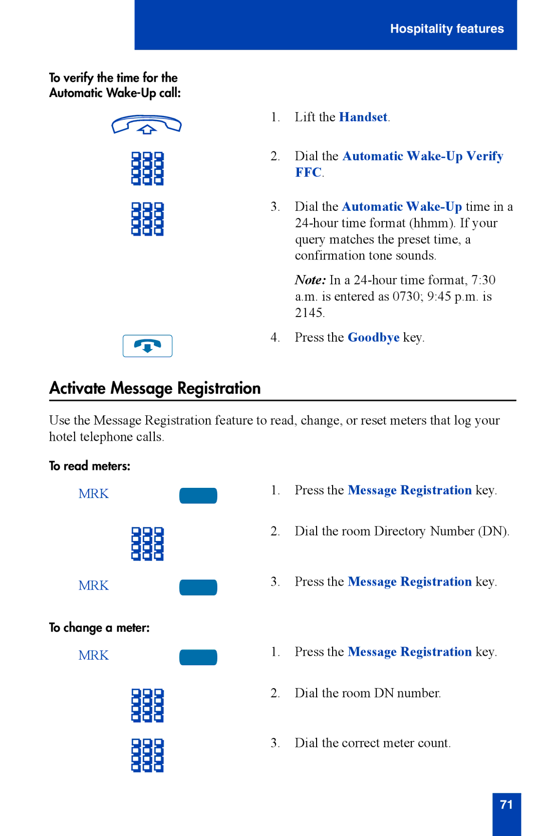 Nortel Networks i2002 manual Activate Message Registration, Dial the Automatic Wake-Up Verify FFC 